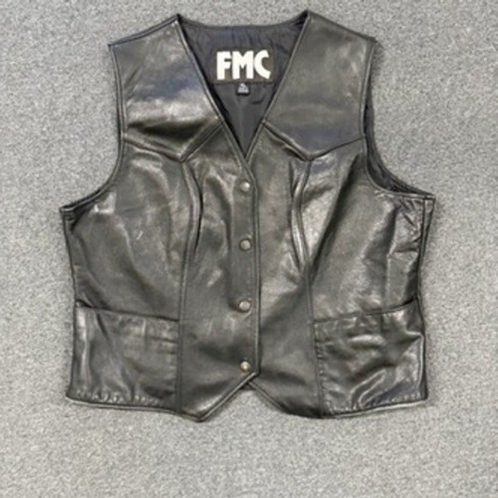 Modern FMC Leather Biker Vest Mens XL Black Good Snap Front Moto Sleeveless
